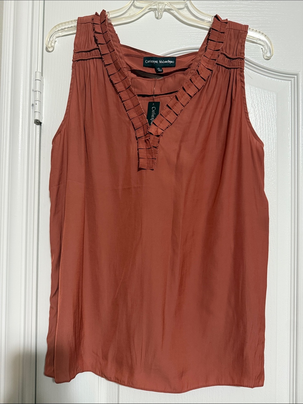 Catherine Malandrino Rust Ruffle Trim Sleeveless V-Neck Top